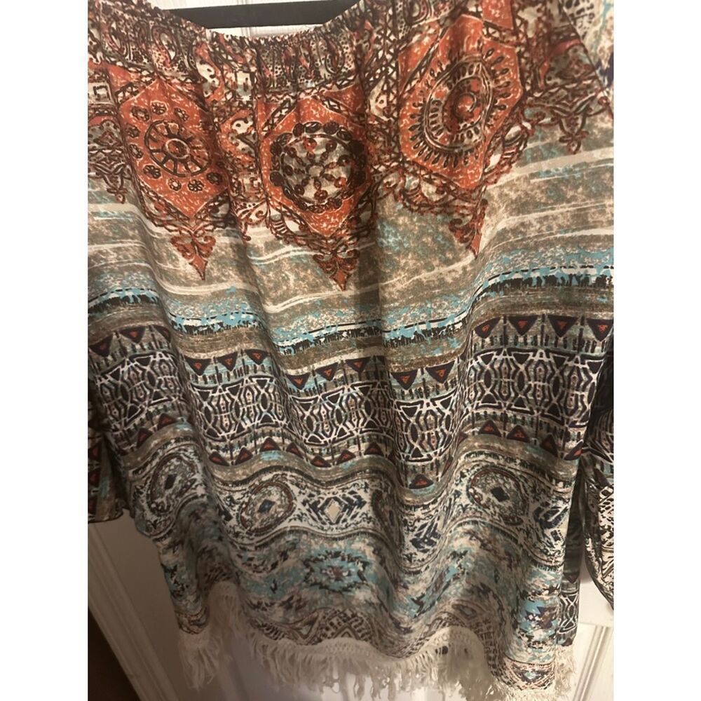 Ali Miles Boho Printed Fringe-Hem Peasant Top in Multicolor 1x - Picture 9 of 9